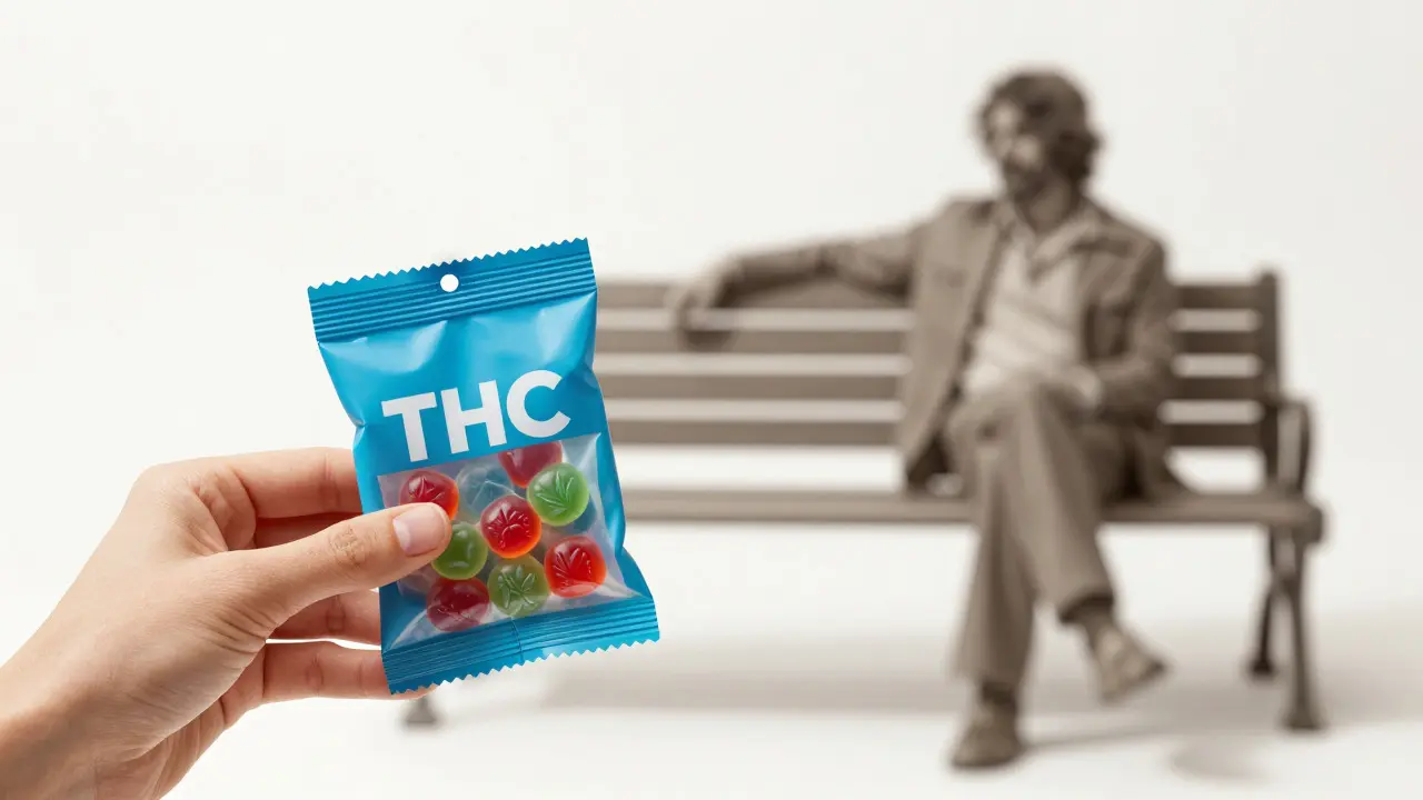 Moderne THC-Gummis im Vordergrund, verschwommener 70er-Hintergrund