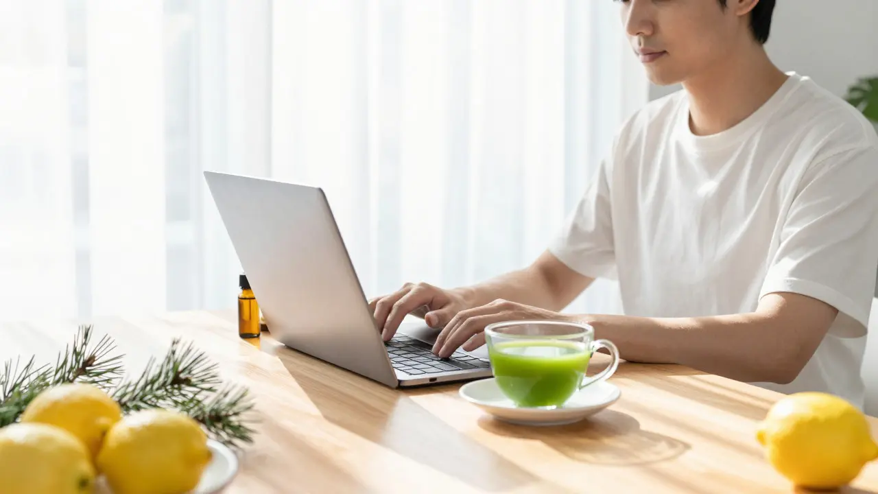 Person arbeitet entspannt am Schreibtisch mit Matcha und CBD