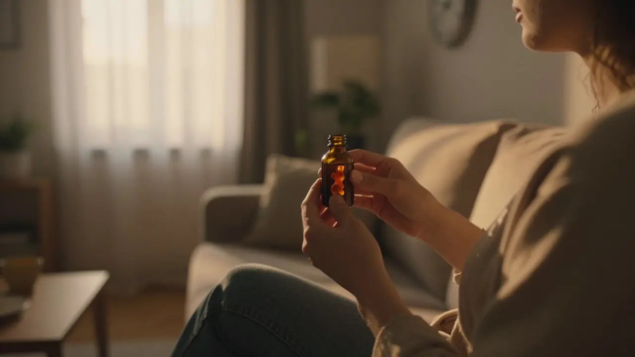 Person mit Gummibärchen in entspannter, sonnenbeschienener Wohnzimmeratmosphäre