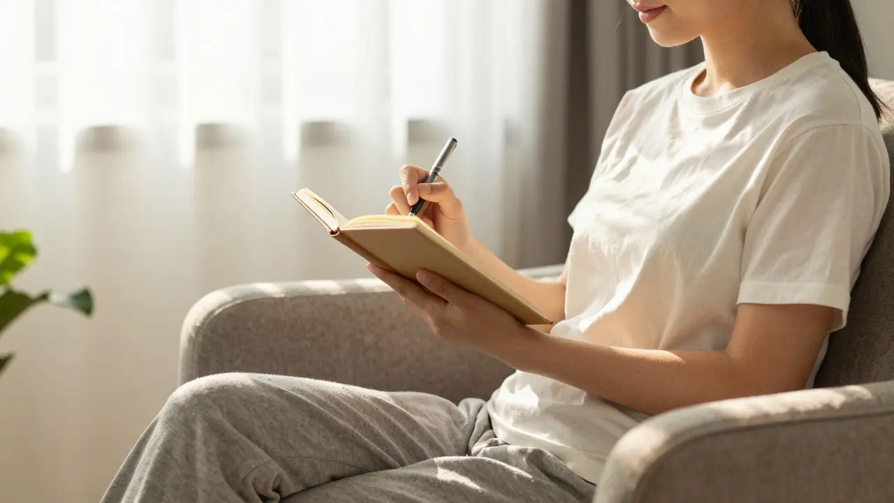 Person relaxing in an armchair while writing in a notebook in a sunny room