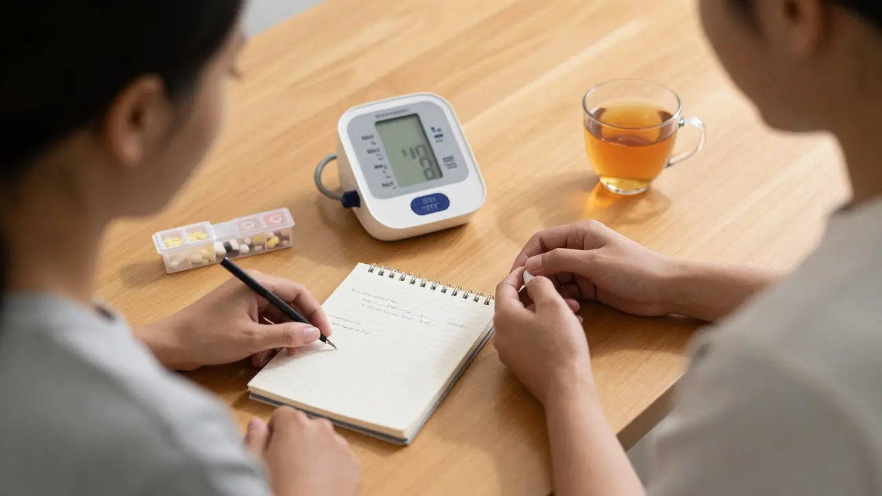 Person reviewing a notebook next to a blood pressure monitor