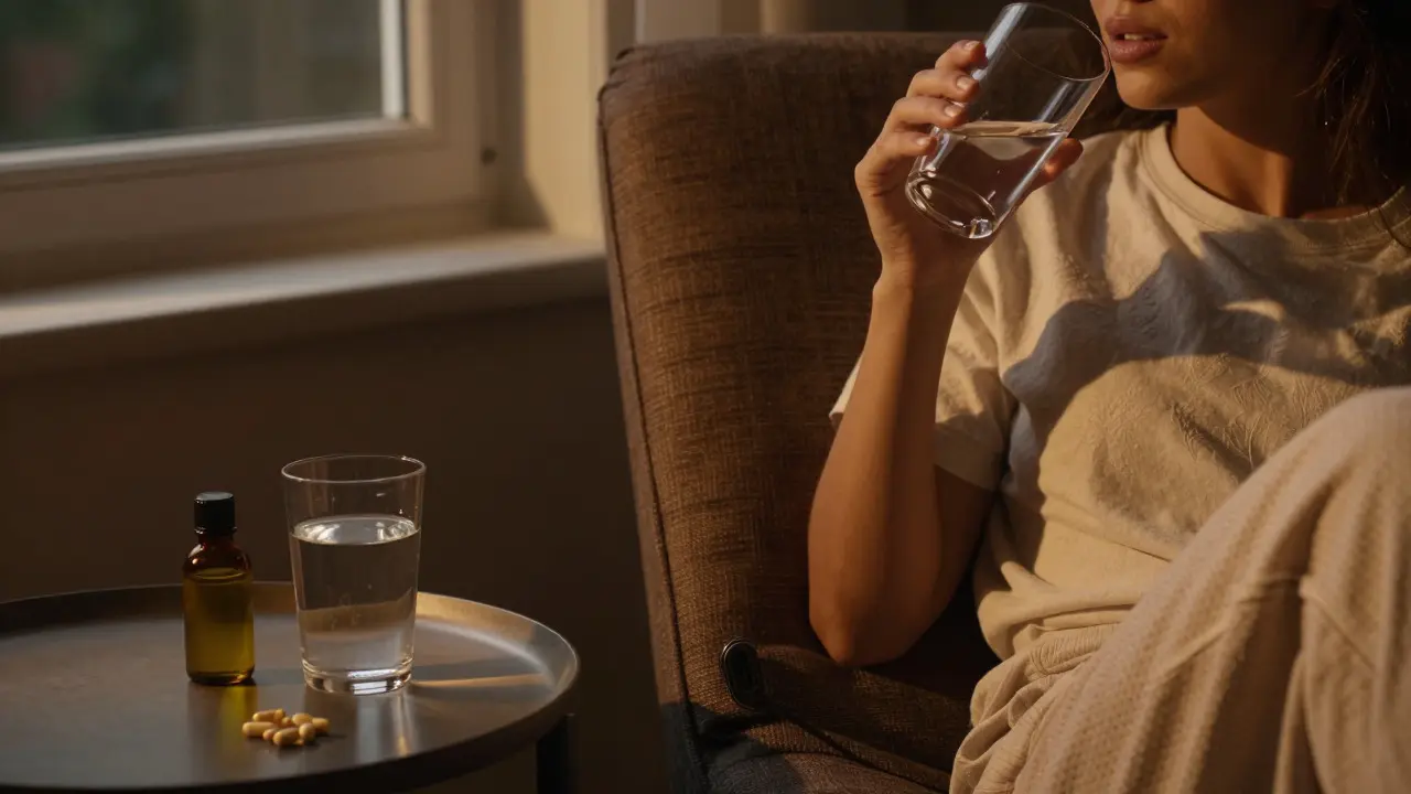 Person sitting in a chair at night with a glass of water and a supplement bottle on the table