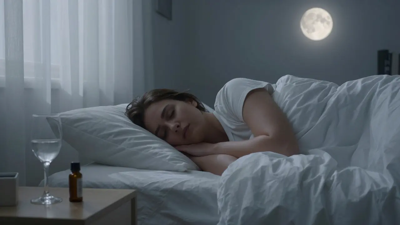 Person sleeping peacefully in bed with a glass of water and CBD bottle nearby