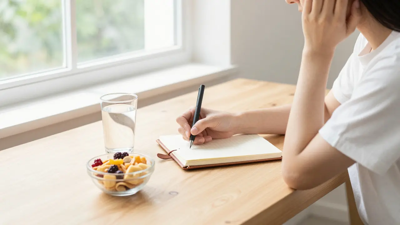 Person writing in a notebook at a sunlit desk