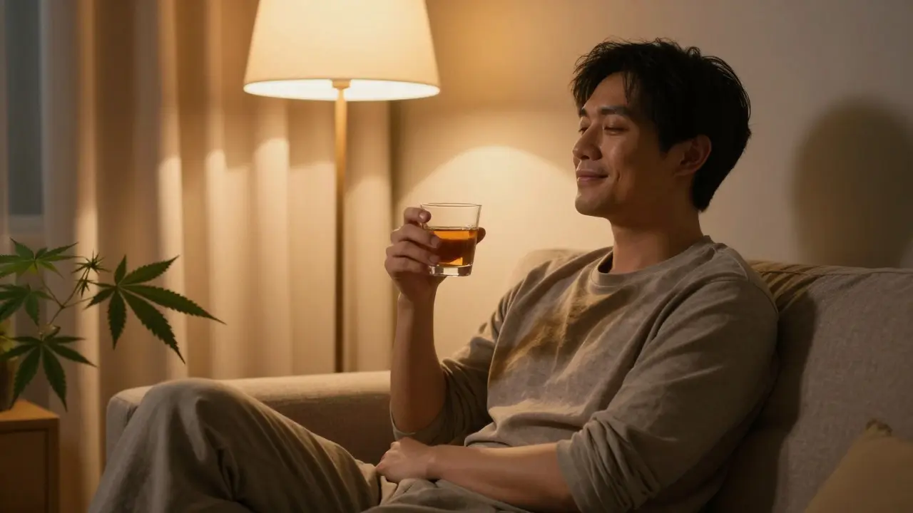 Relaxed man sitting in a cozy, dimly lit room looking peaceful