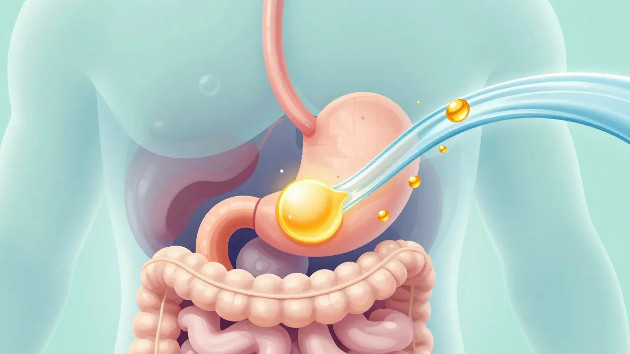 Stylized illustration showing water and oil mixing inside a transparent human digestive system