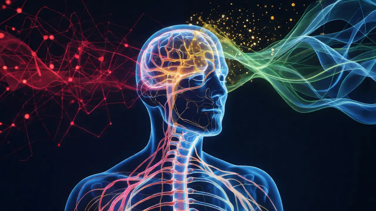 Abstrakte Darstellung des Nervensystems mit Stress vs. Balance durch CBD