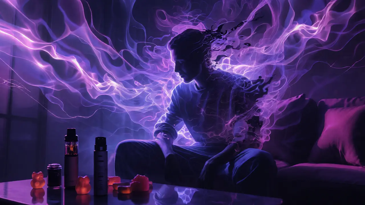 Abstrakte Darstellung von HHC-Wirkung mit energetischen Wellen und Vape-Produkten