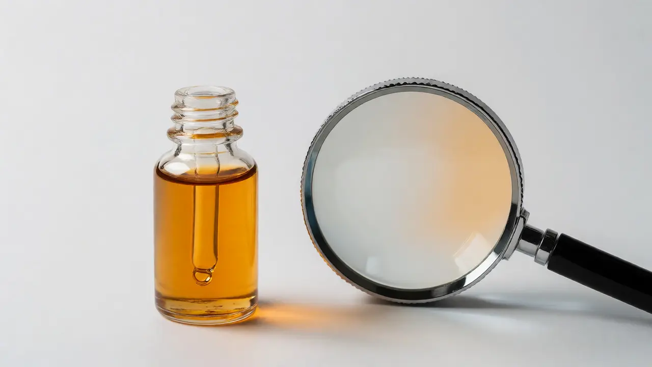 Amberfarbene Ölflasche unter einer Lupe auf weißem Hintergrund