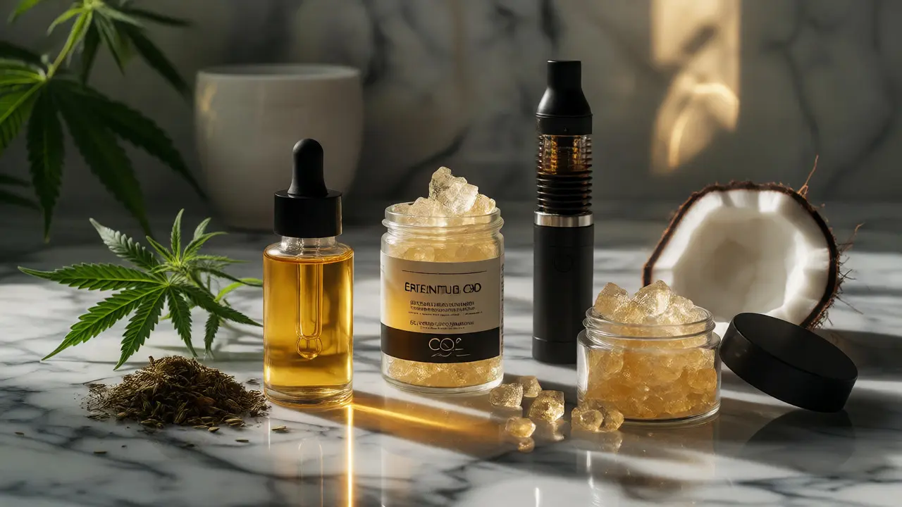 Arrangement von CBD-Öl, Vaporizer und Kristallen auf Marmor