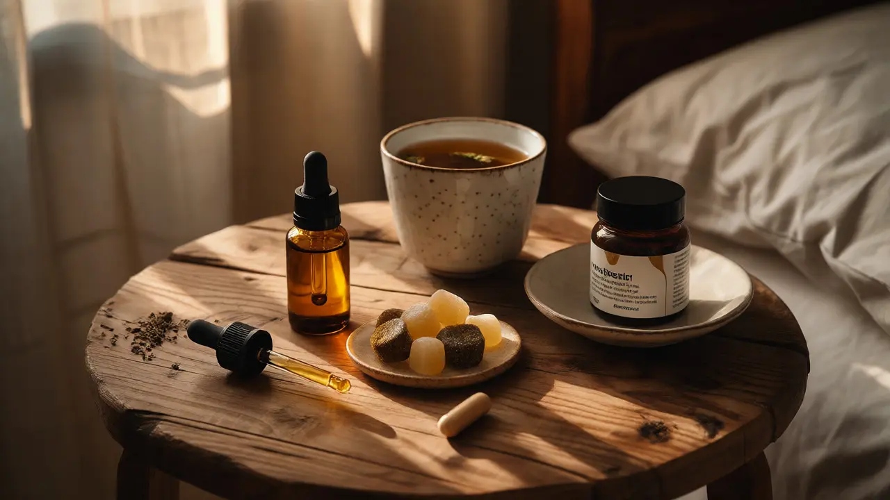 CBD-Produkte wie Öl, Gummibärchen und Kapseln auf einem Nachttisch