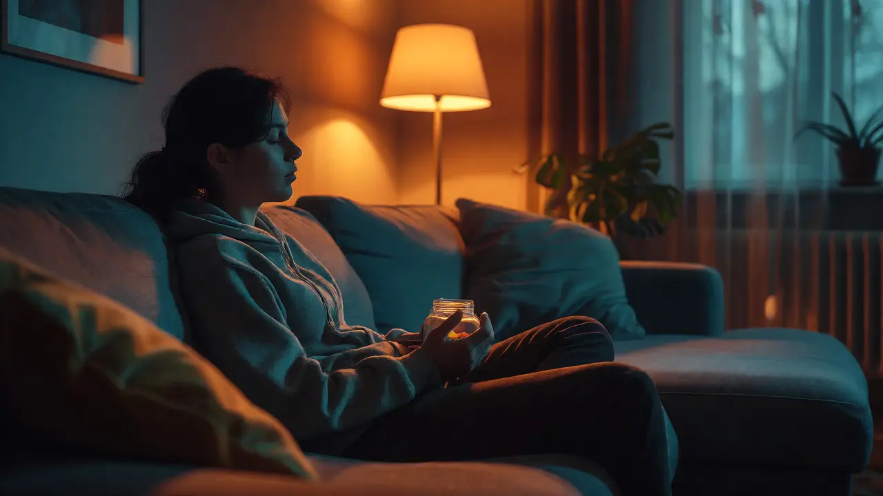 Eine Person entspannt sich abends auf dem Sofa und hält ein Glas mit Edibles, was eine milde Wirkung suggeriert.