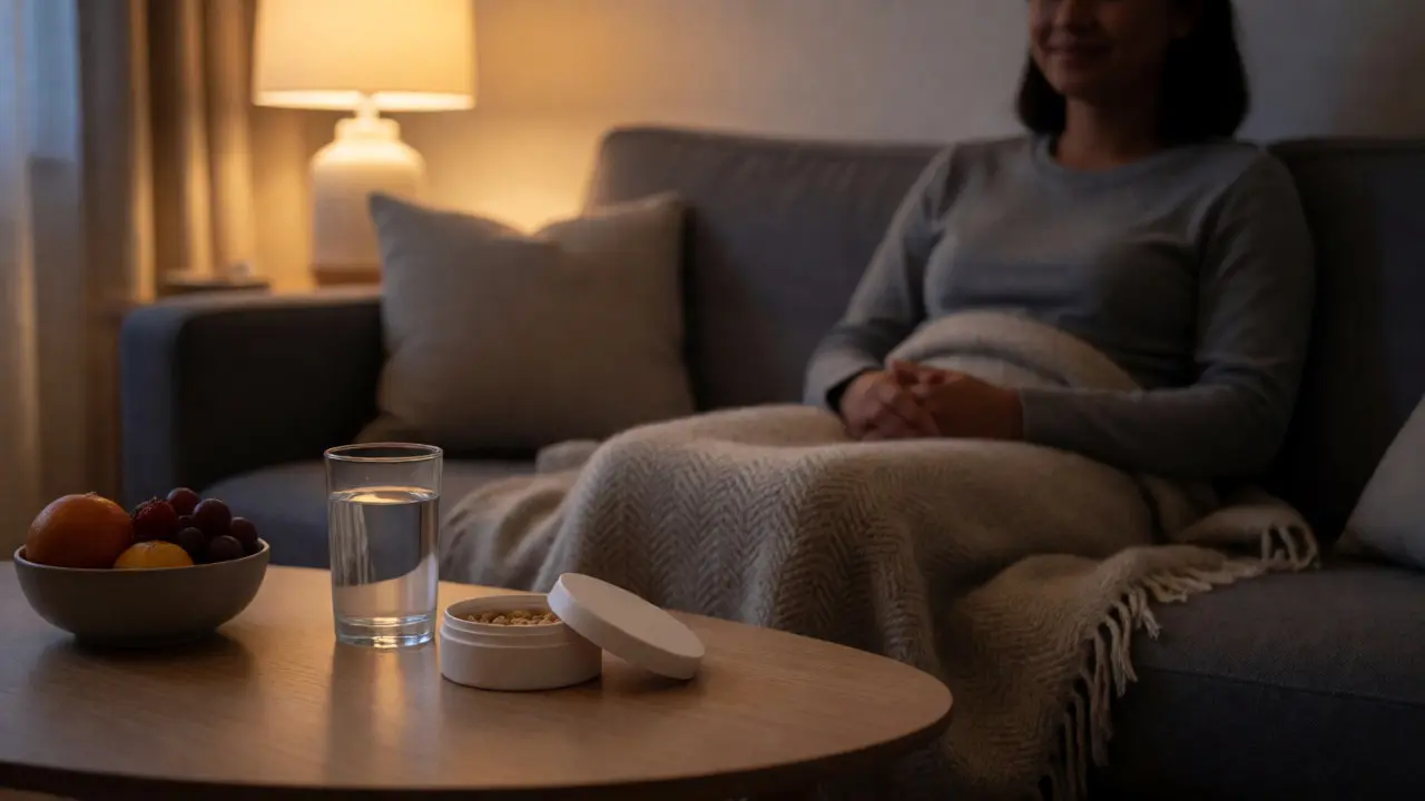 Entspannte Person auf dem Sofa neben Edibles und Wasser