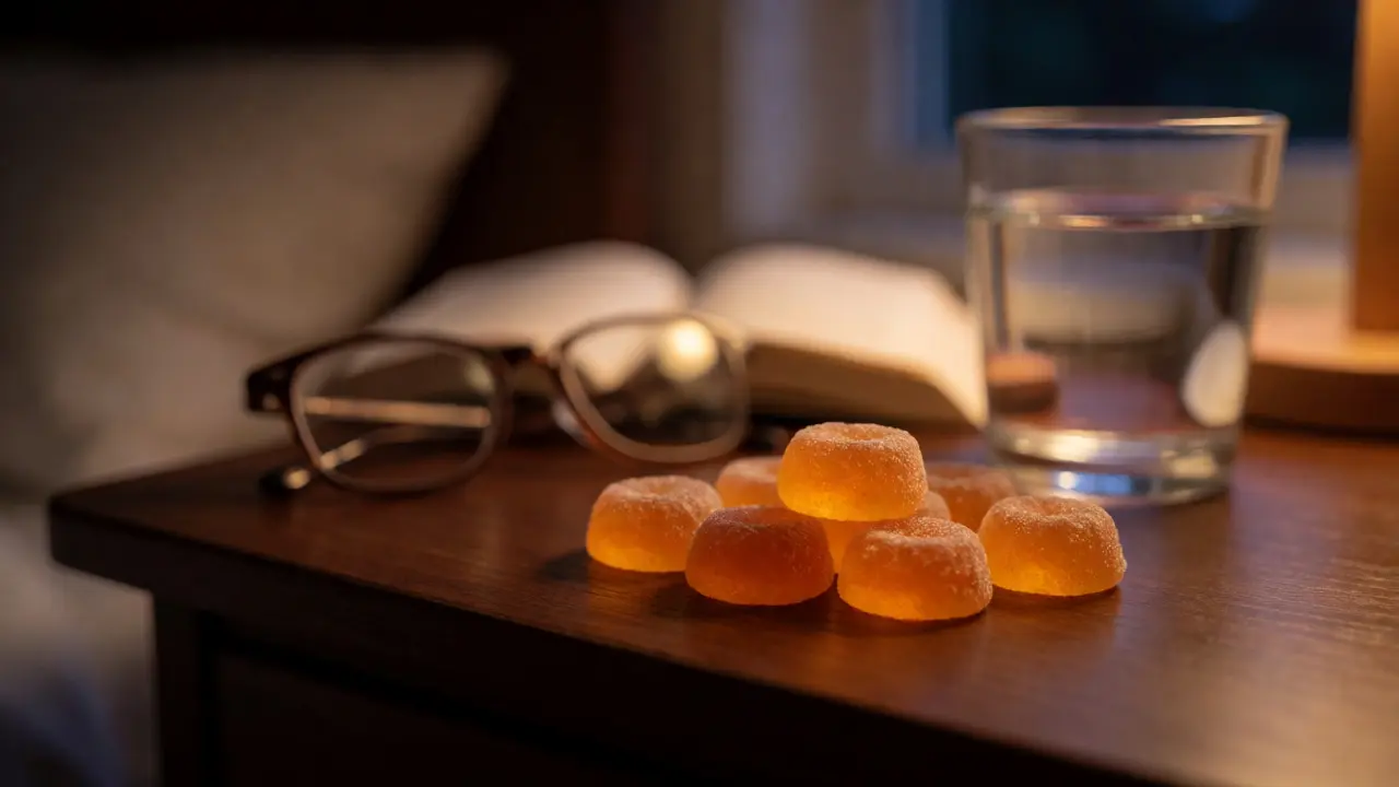 HHC Gummibärchen auf einem Nachttisch neben einem Glas Wasser