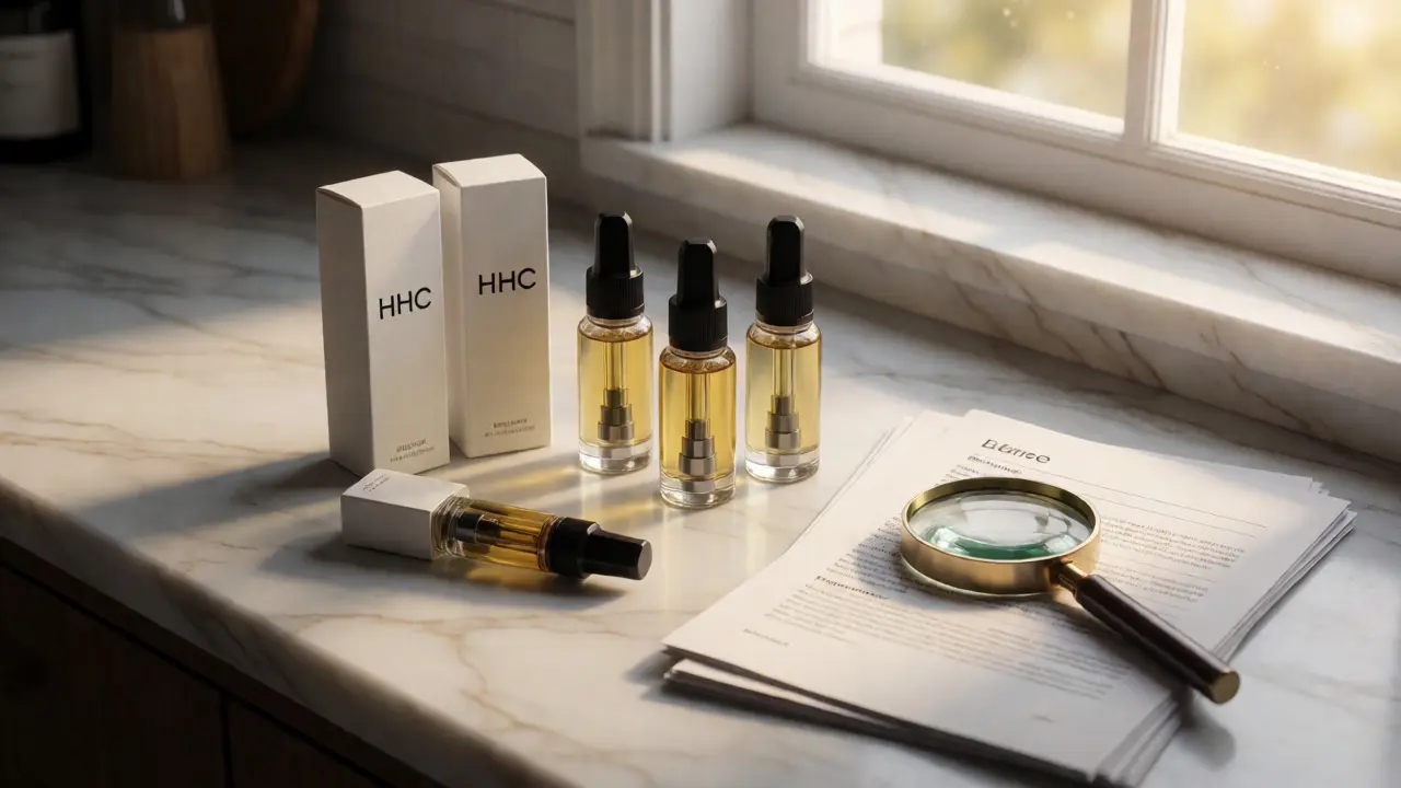Hochwertige HHC-Produkte auf Marmor mit Lupe für Qualitätsprüfung