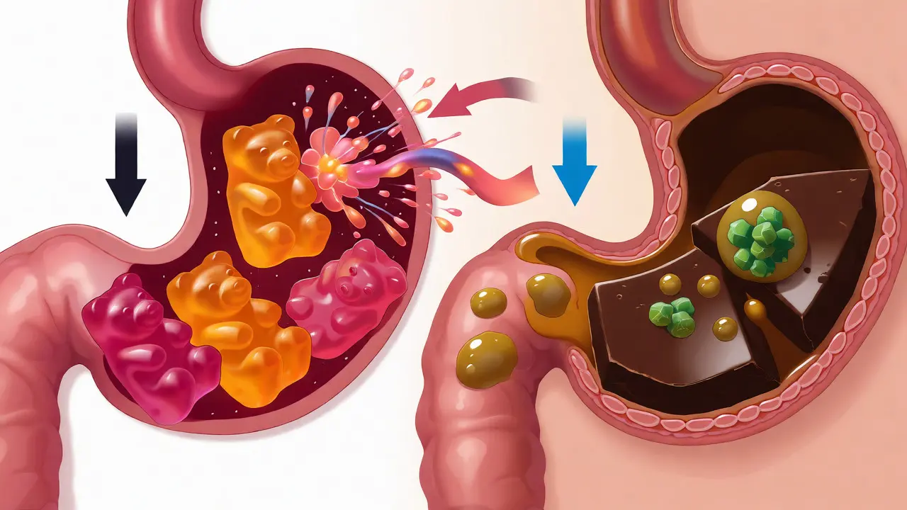 Illustration der Verdauung von Gummibärchen im Vergleich zu Schokolade im Magen-Darm-Trakt.