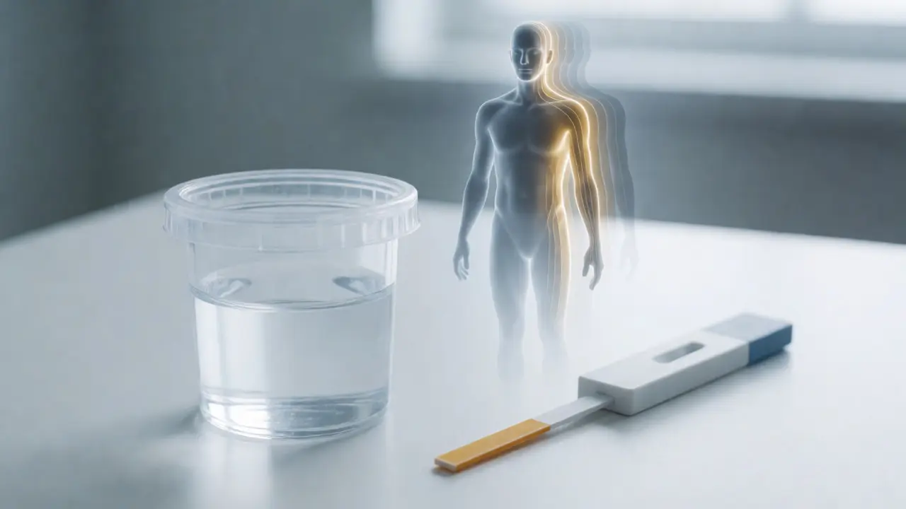 Konzeptbild eines Drogentests mit Urinprobe und einer Silhouette, die das Fettgewebe als Speicherort darstellt.