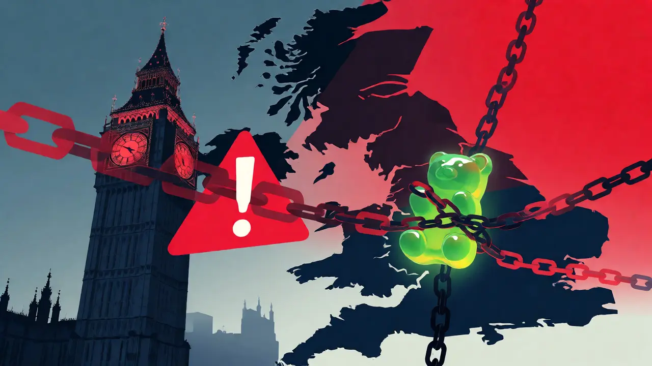 Konzeptbild von Big Ben und verbotenen Gummibärchen im UK-Rechtsrahmen