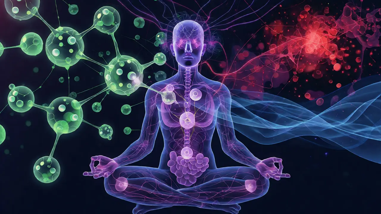 Konzeptuelle Darstellung des Endocannabinoid-Systems und CBD-Moleküle