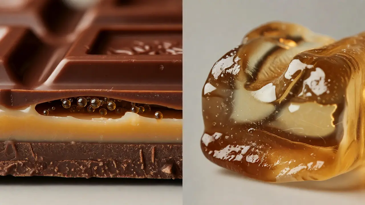 Makroaufnahme von Schokoladenstruktur mit Fett vs. Gummibärchen