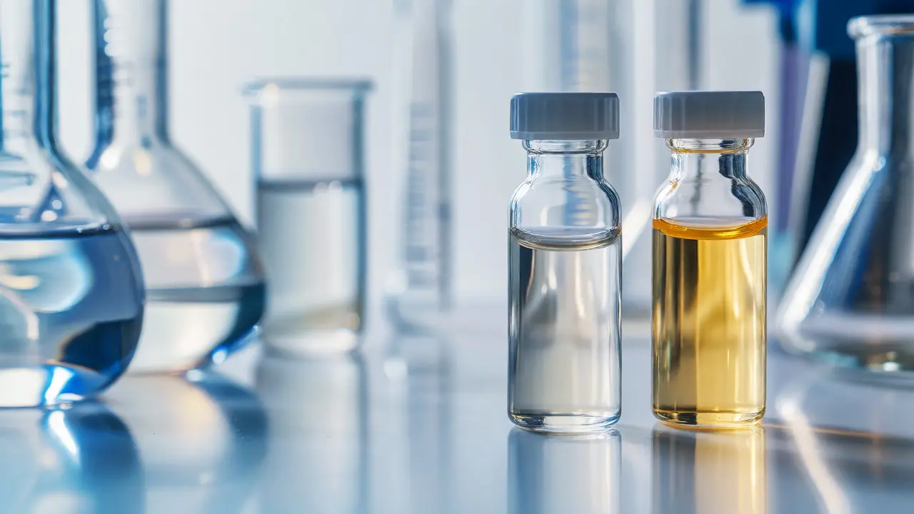 Makroaufnahme von zwei Vials mit Cannabinoiden in einer sterilen Laborumgebung