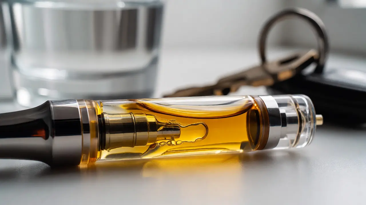 Nahaufnahme einer Vape-Kartusche mit Wasser und Autoschlüsseln im Hintergrund