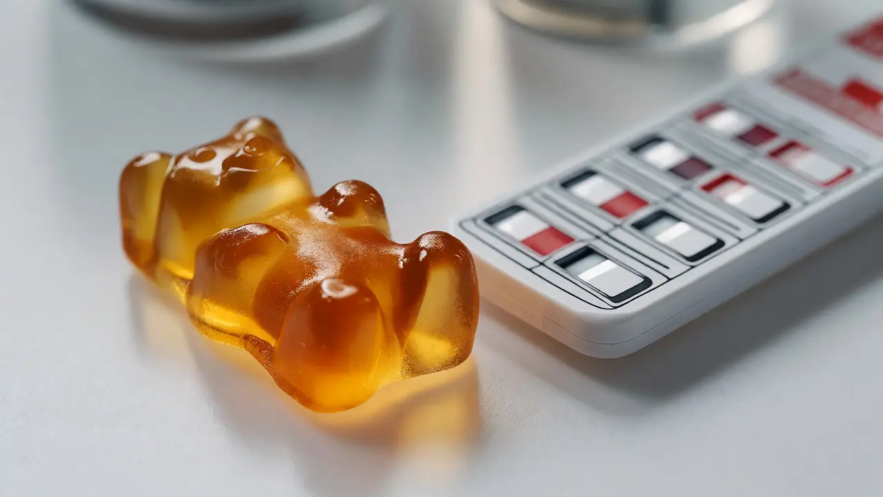 Nahaufnahme eines Gummibärchens neben einem 10-Panel-Drogentest-Streifen.