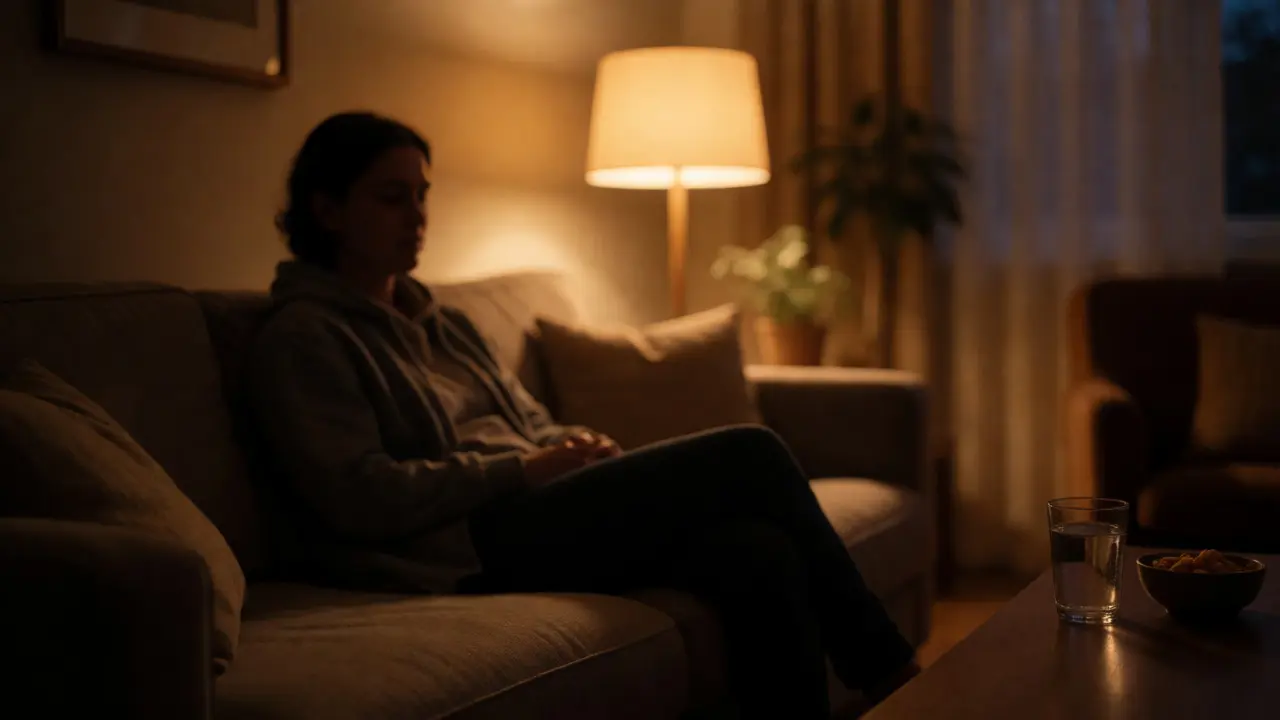 Person entspannt auf dem Sofa unter warmem Licht