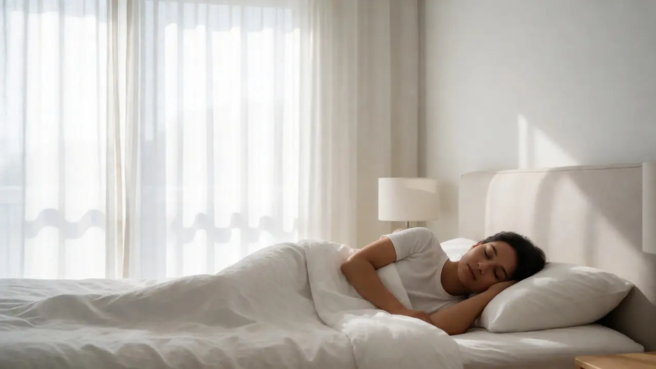 Person schläft friedlich in einem hellen Schlafzimmer am Morgen