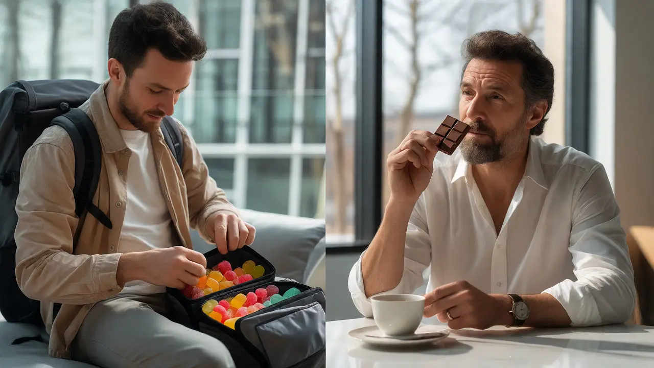 Reisender packt Gummies ein, während Genießer Schokolade probiert
