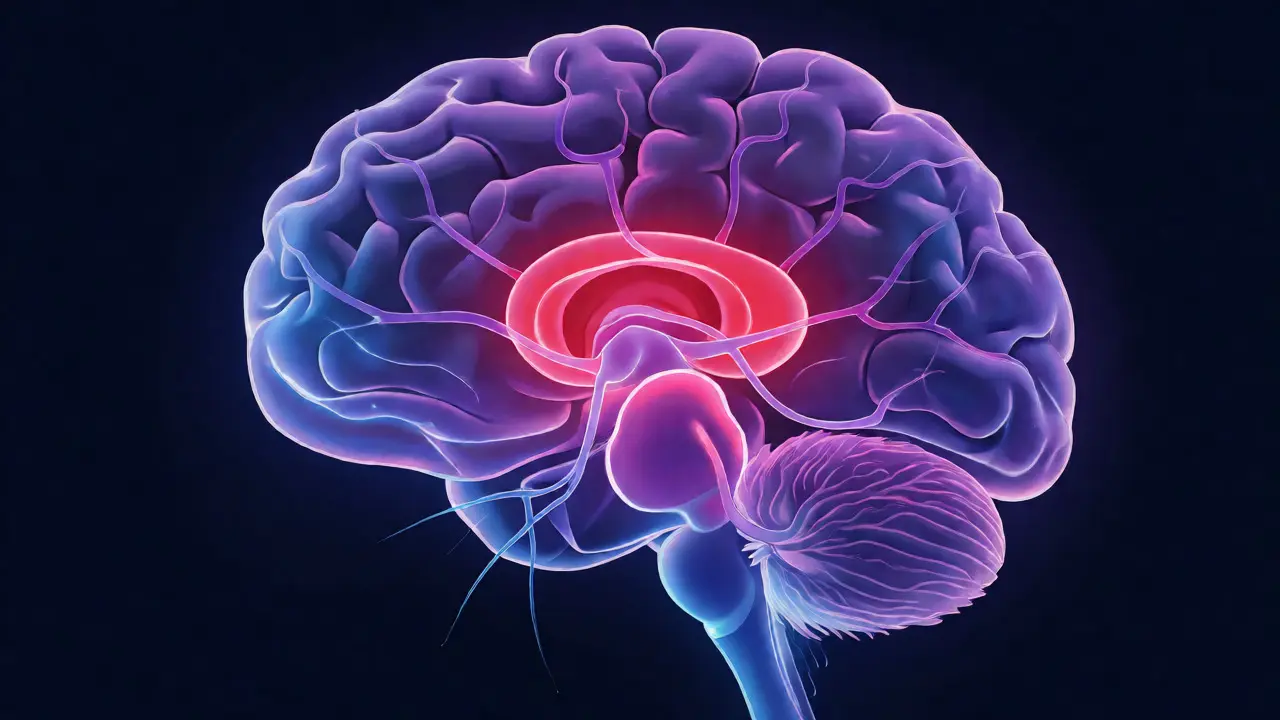 Stilisierte Darstellung des Gehirns mit leuchtender Amygdala als Angstzentrum