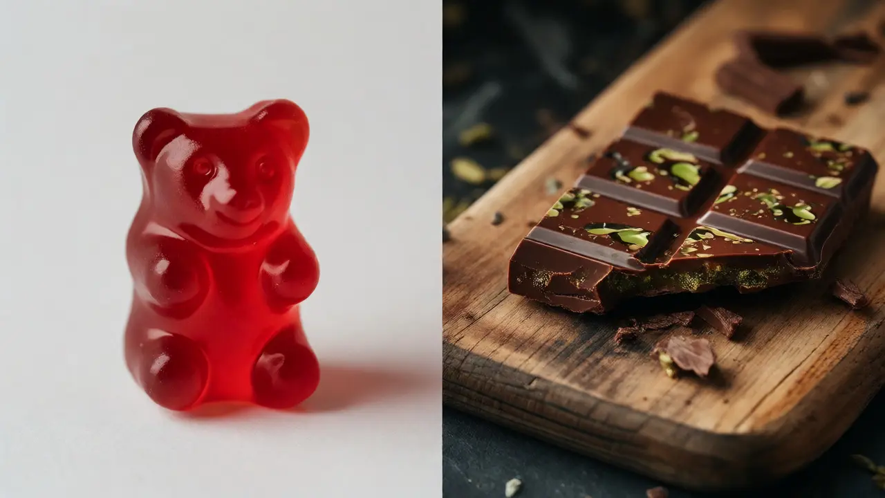 Vergleich eines präzisen Gummibären mit ungleichmäßig verteilter Hanf-Schokolade.