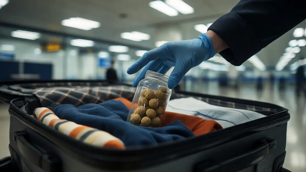 Zollkontrolle eines Koffers mit Hanf-Süßigkeiten am Flughafen