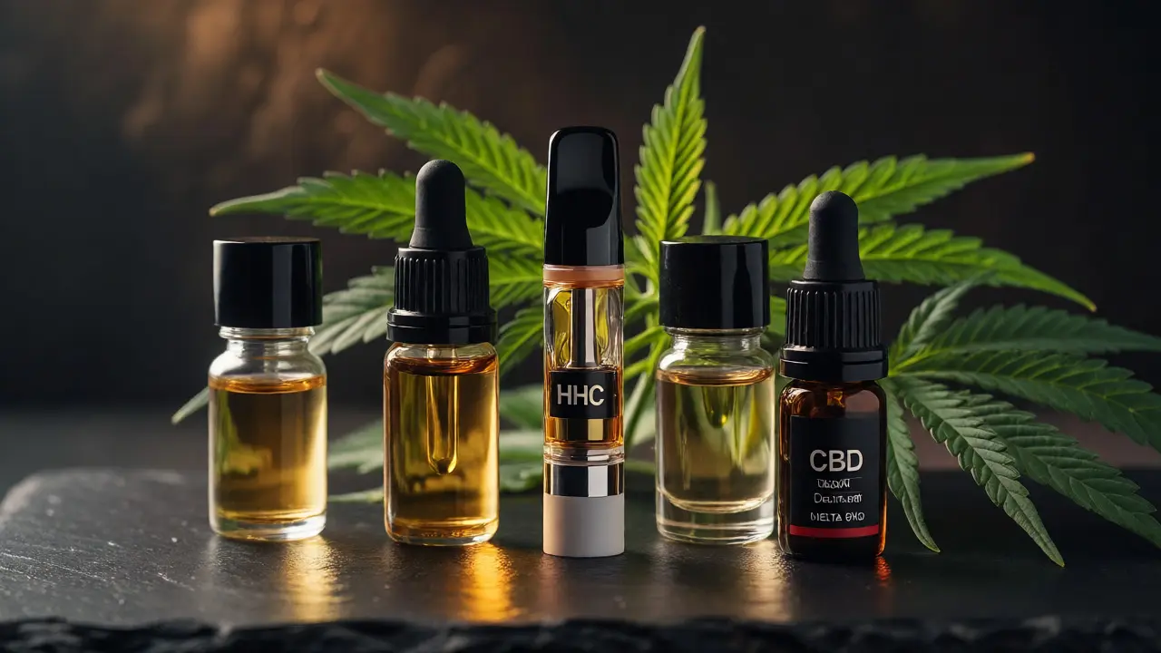 Arrangement von Cannabinoid-Produkten wie HHC und CBD auf dunklem Hintergrund