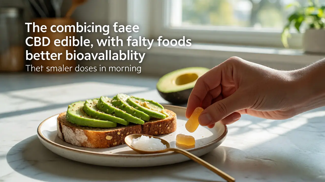 CBD-Gummi neben Avocado-Toast und Kokosöl auf Küchentheke