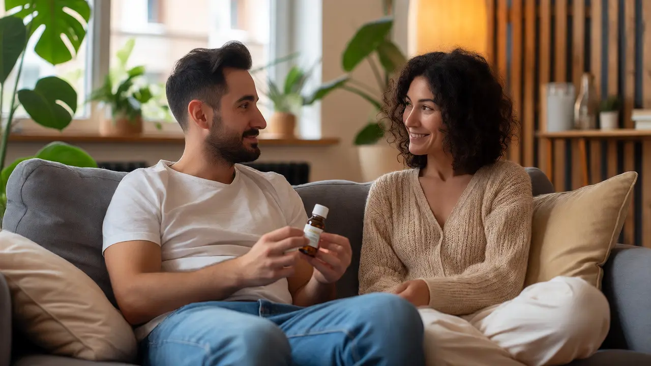 Ein entspanntes Paar sitzt auf dem Sofa und betrachtet eine Flasche CBD-Öl.