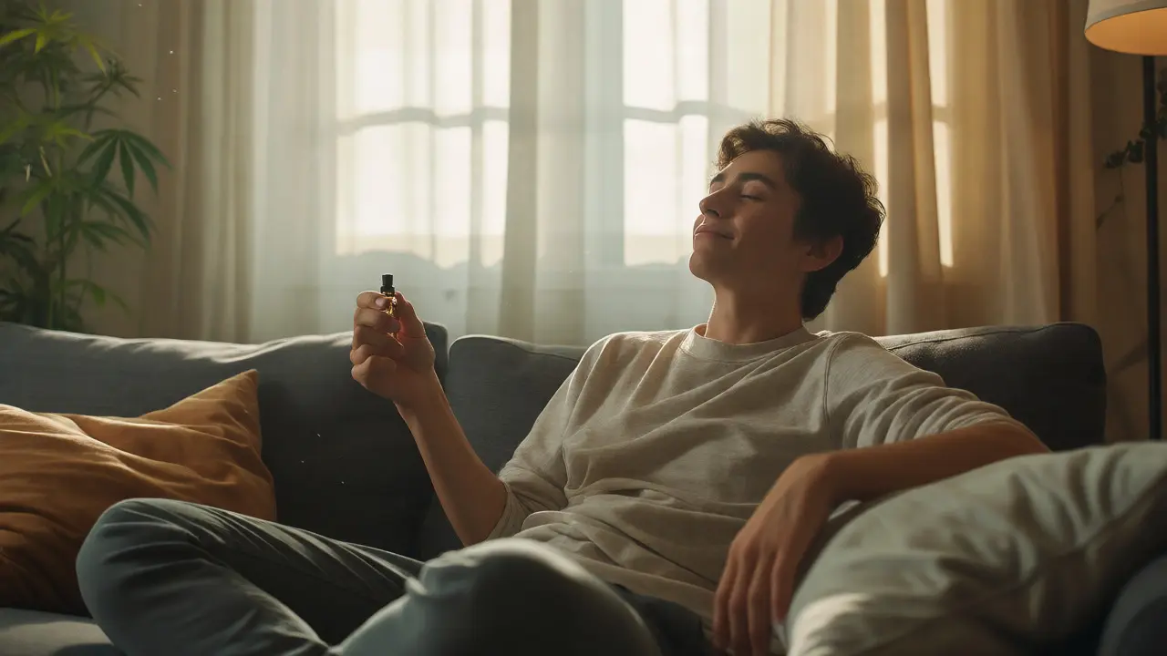 Entspannte Person auf dem Sofa mit sanfter Euphorie durch Cannabinoide