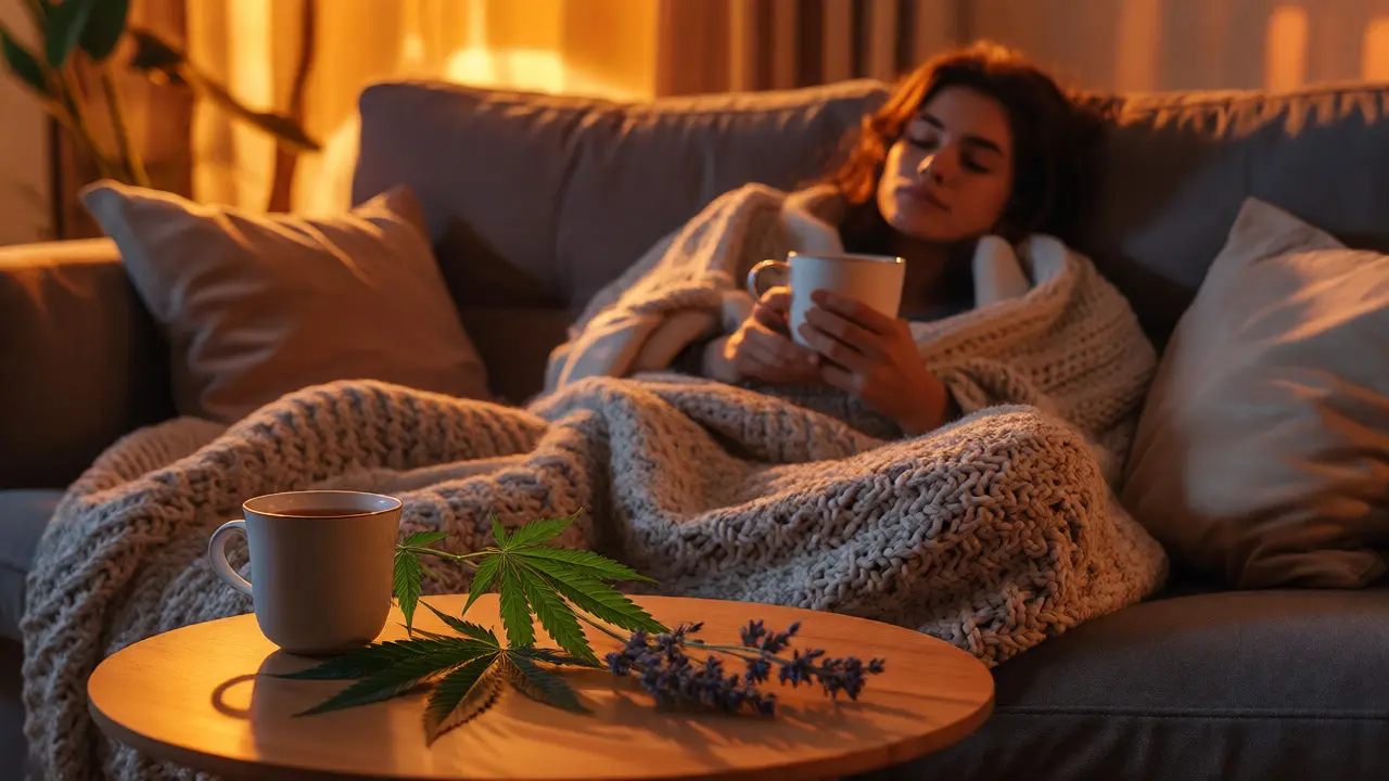 Entspannte Person auf dem Sofa mit Tee und Lavendel in warmer Abendstimmung.