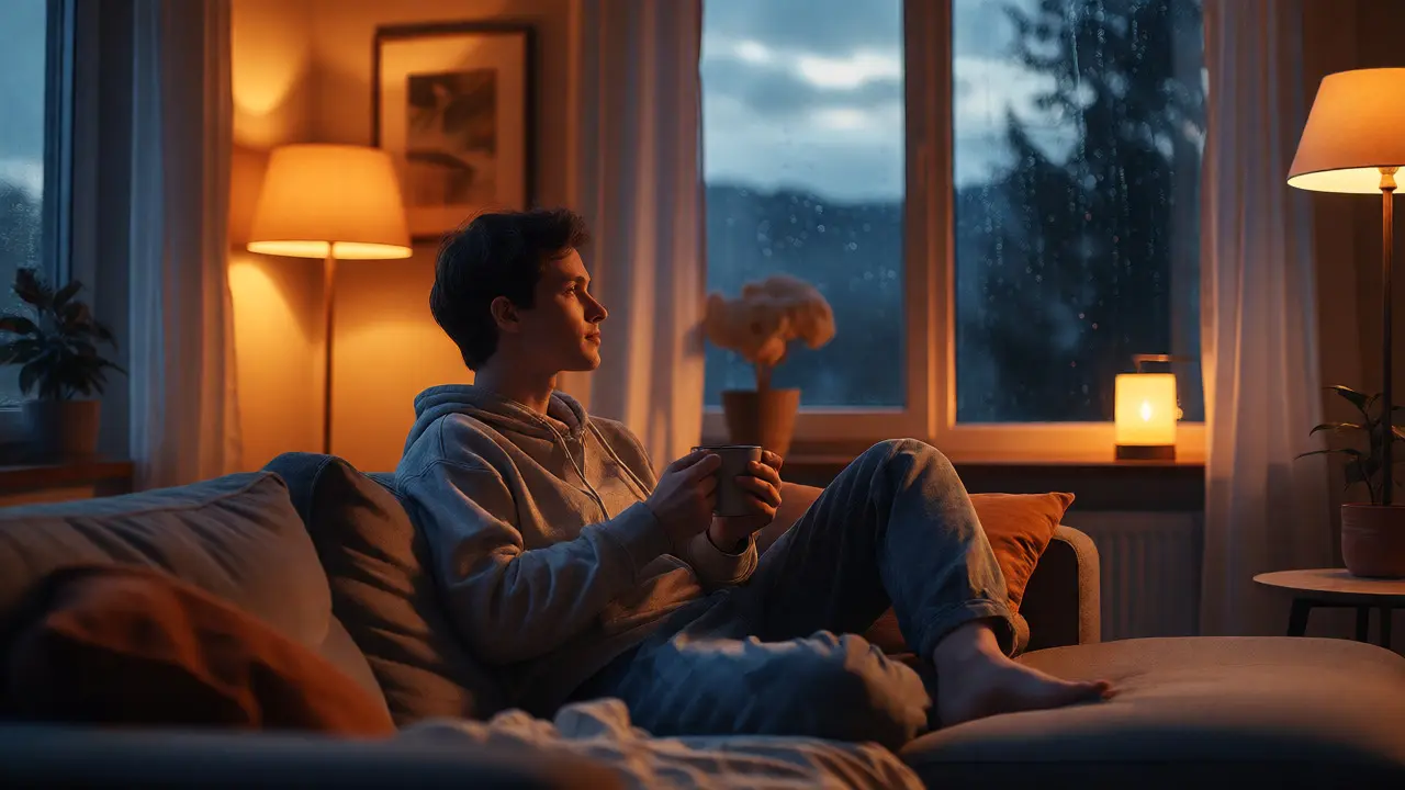 Entspannte Person sitzt abends gemütlich auf dem Sofa bei gedämpftem Licht.