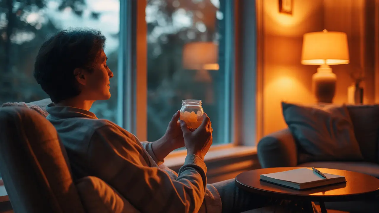 Entspannte Person sitzt abends im Sessel und hält ein Glas mit CBD-Gummis