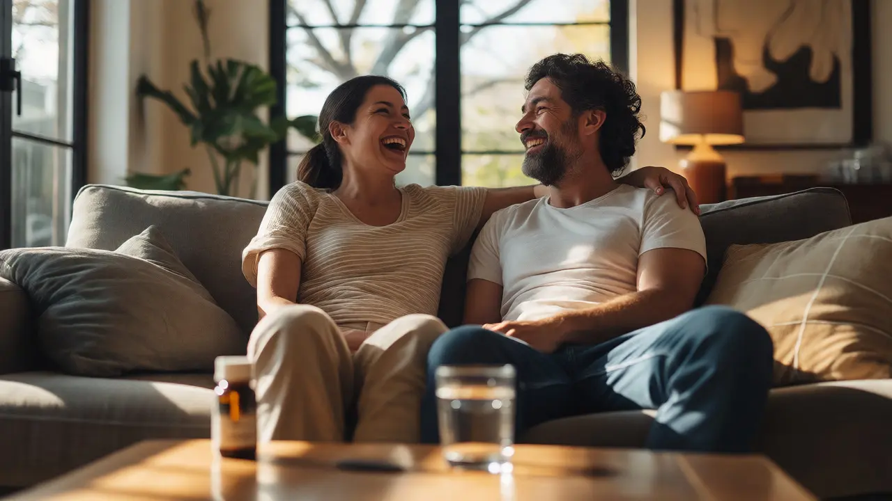 Entspanntes Paar auf dem Sofa neben einer Flasche CBD-Öl