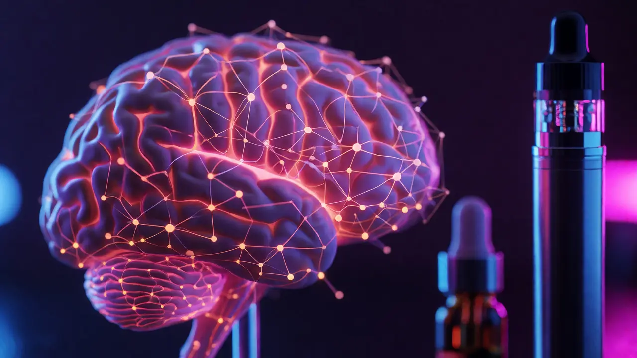 Gehirnmodell mit Neuronen im Fokus neben einem Vape-Stift