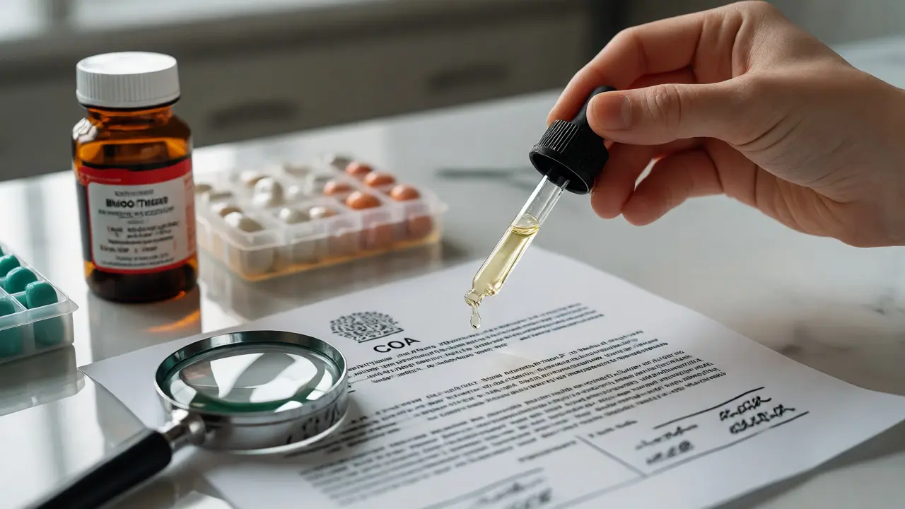 Hand tropft CBD-Öl unter die Zunge neben Medikamenten und Laborzertifikat