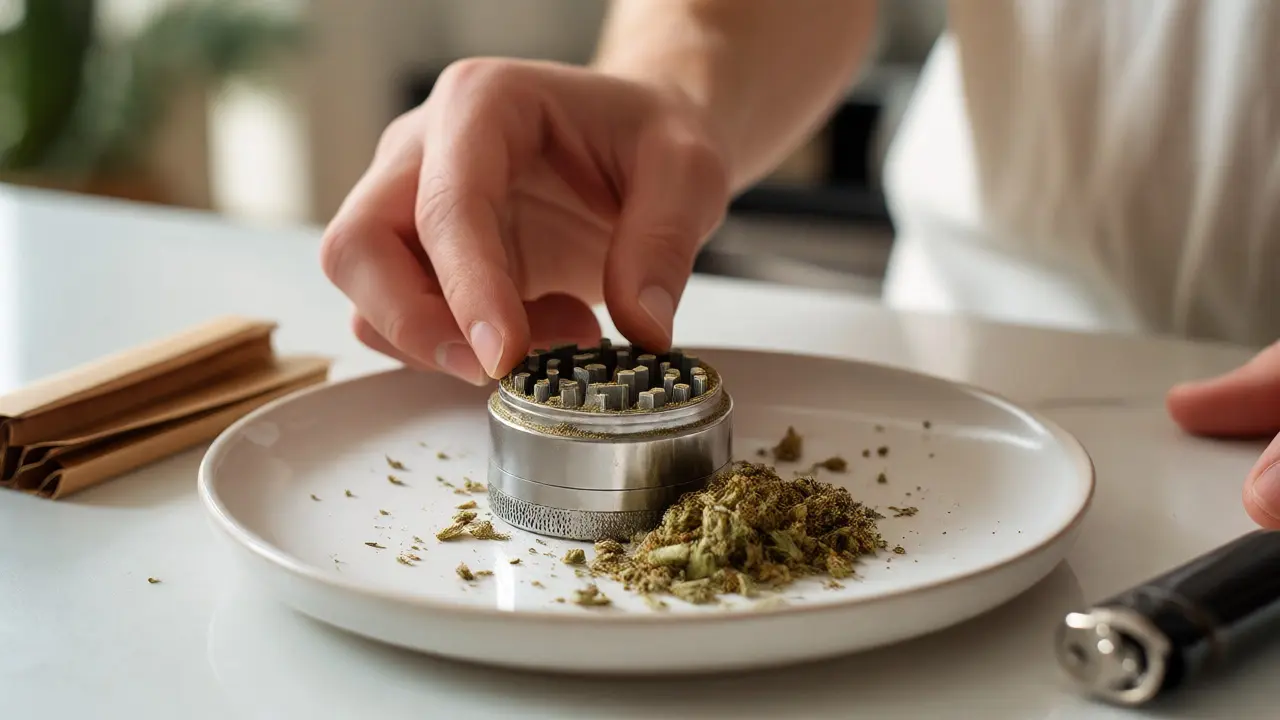 Hände mahlen Hanfblüten in einem Grinder zur Vorbereitung