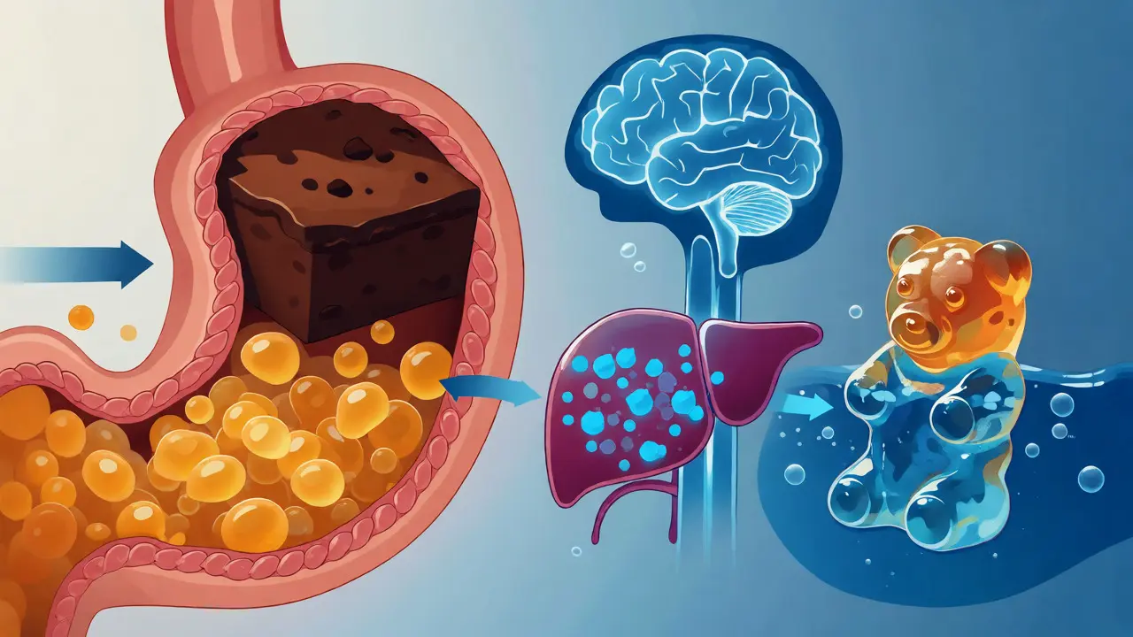 Konzeptionelle Darstellung der Verdauung von Brownies und Gummies im Körper