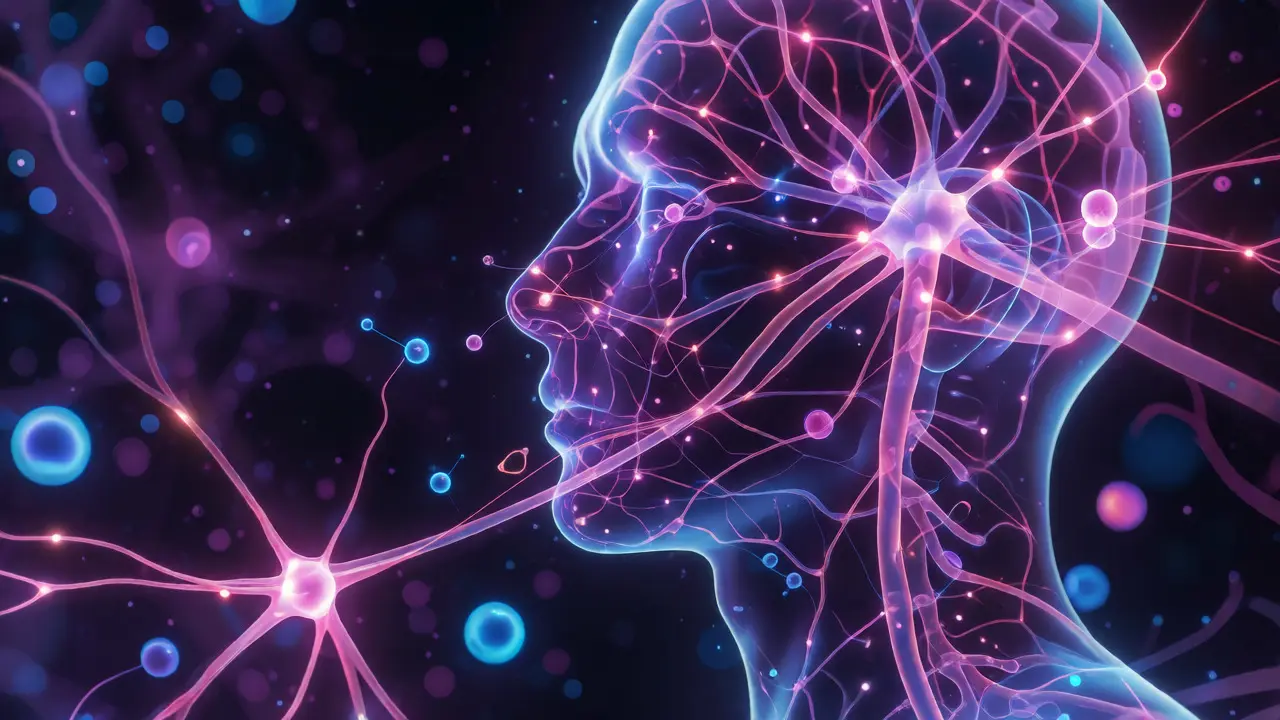 Konzeptuelle Darstellung des Endocannabinoid-Systems mit leuchtenden Molekülen.
