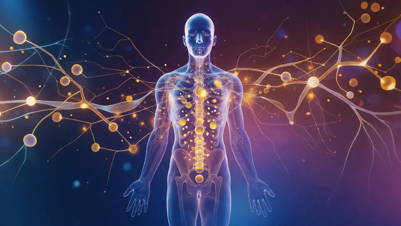 Konzeptuelle Illustration des Endocannabinoid-Systems mit glühenden CBD-Molekülen