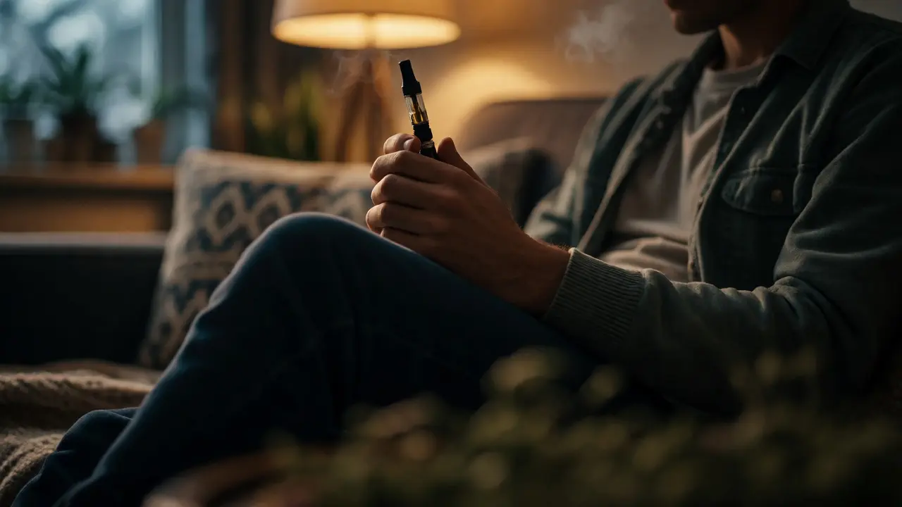 Person entspannt sich abends auf dem Sofa mit Vape