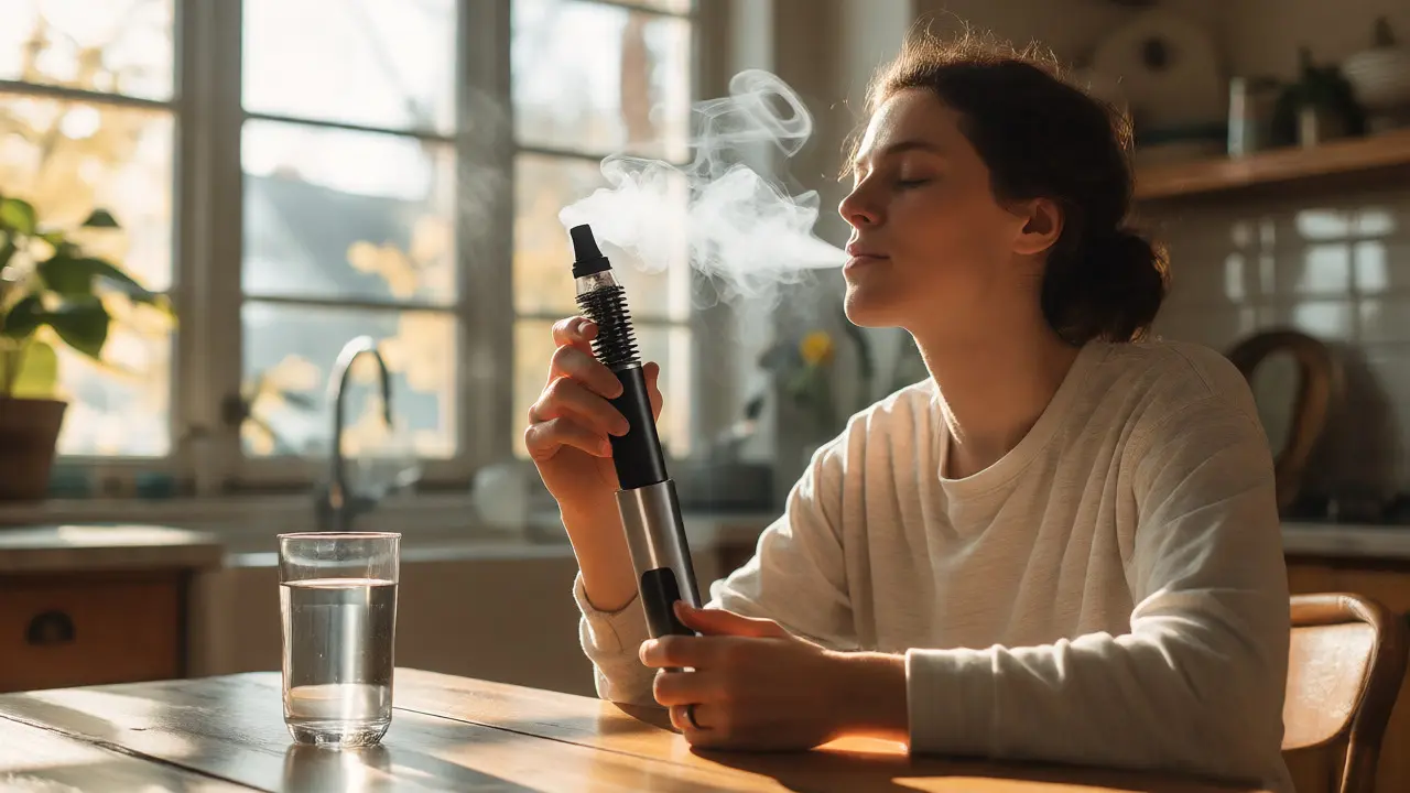 Person nutzt Vaporizer und trinkt Wasser
