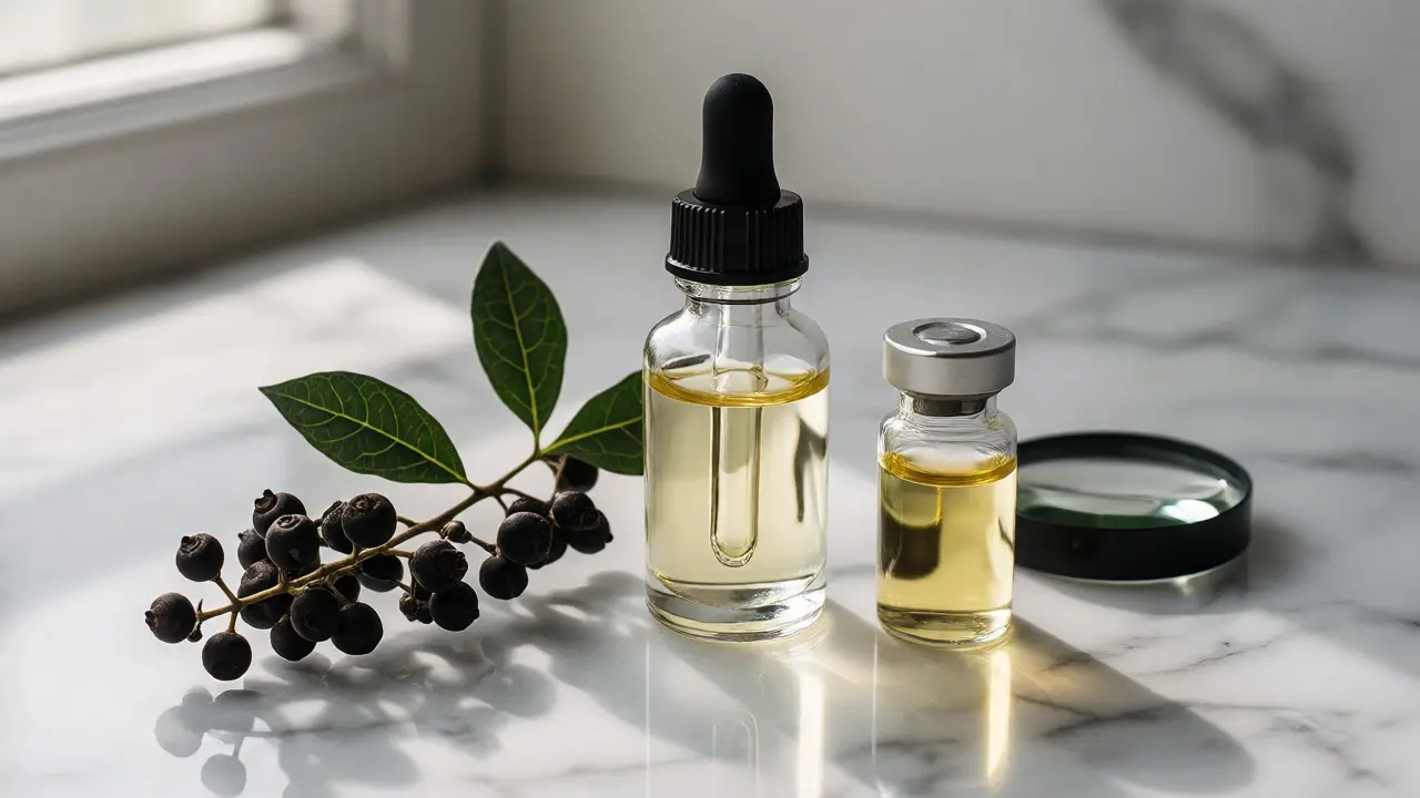 Stillleben mit THCP-Tinktur, schwarzem Pfeffer und CBD-Öl auf Marmor
